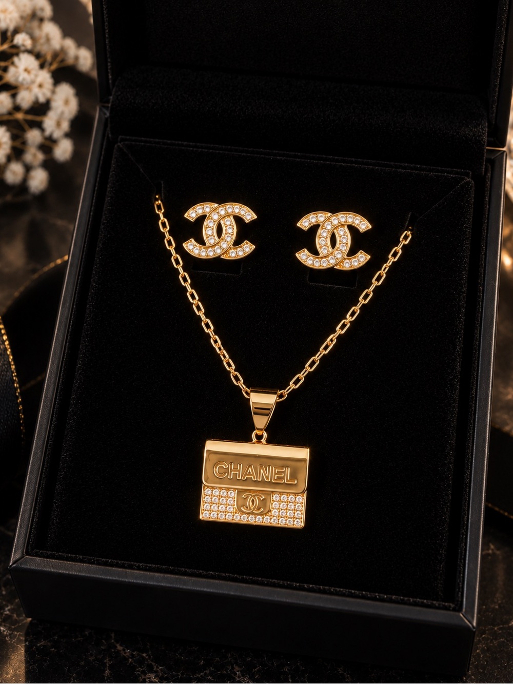 Gold-Tone inspired Crystal Logo Necklace and Stud Earrings Set